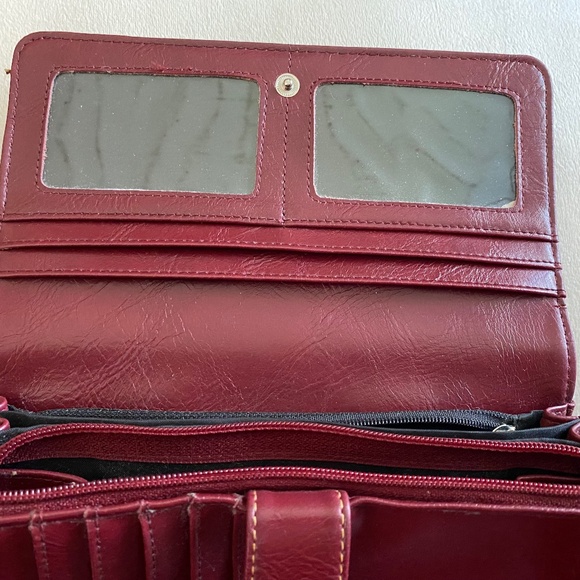 Via Roma Vintage Wallet Zippered Clutch Burgundy Snap Pockets Compartments - Picture 10 of 15